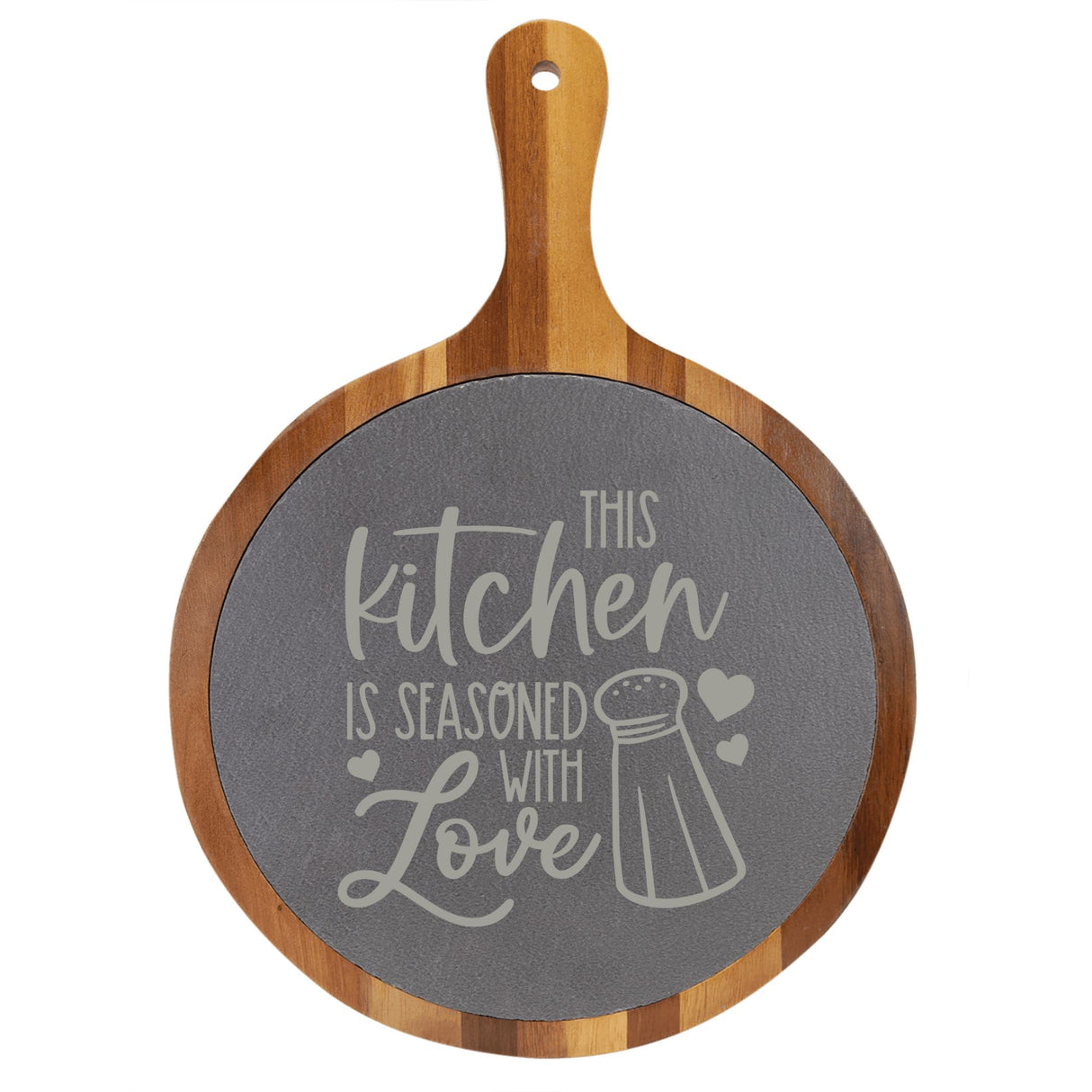 "This Kitchen is Seasoned with Love" Round Acacia Wood/Slate Cutting Board - Laser Engraved