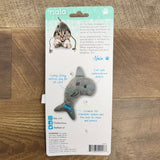 Back of the Nala Simon the Shark packaging showing the catnip filling, crinkle tail and embroidered details
