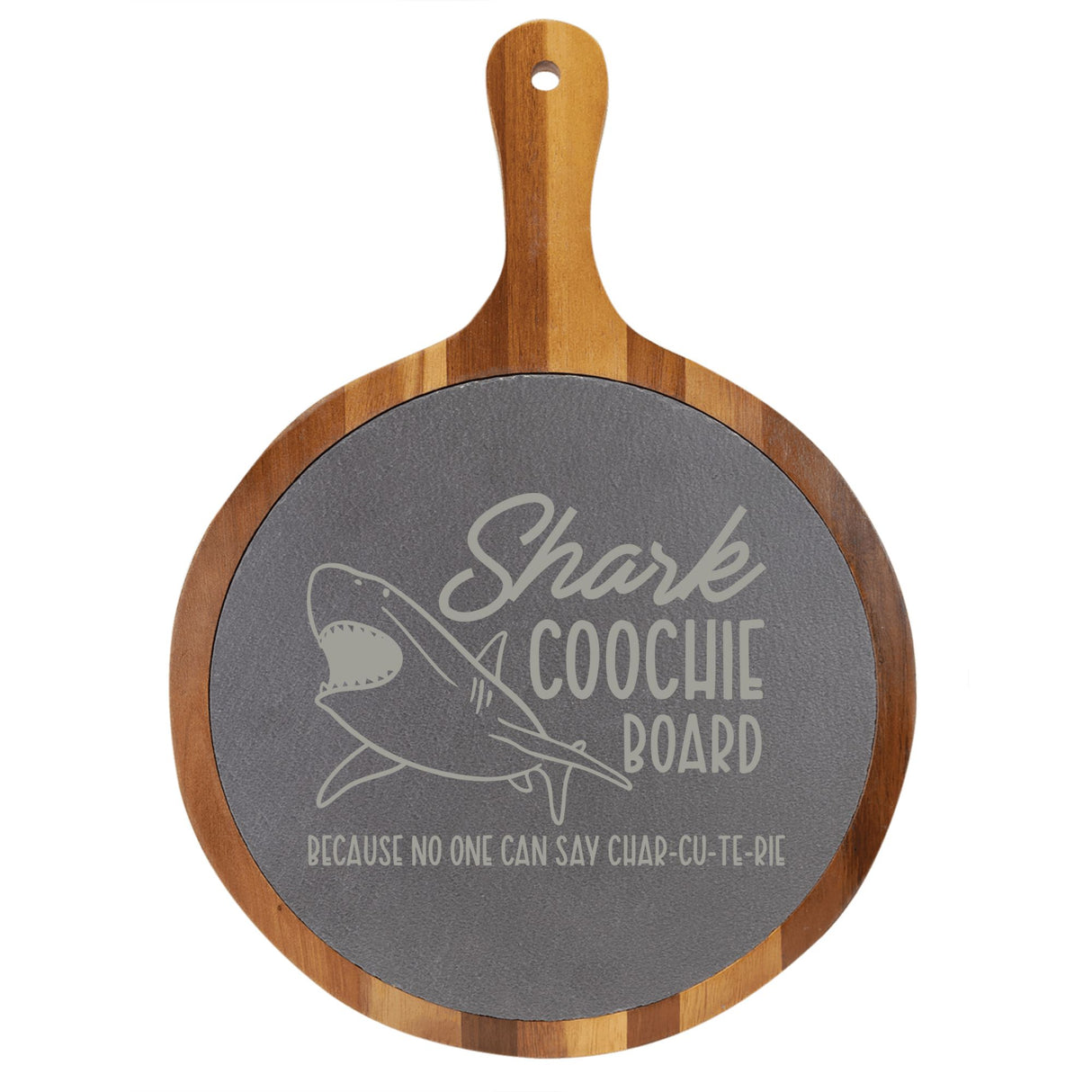 "Shark Coochie Board" Round Acacia Wood/Slate Cutting Board - Laser Engraved