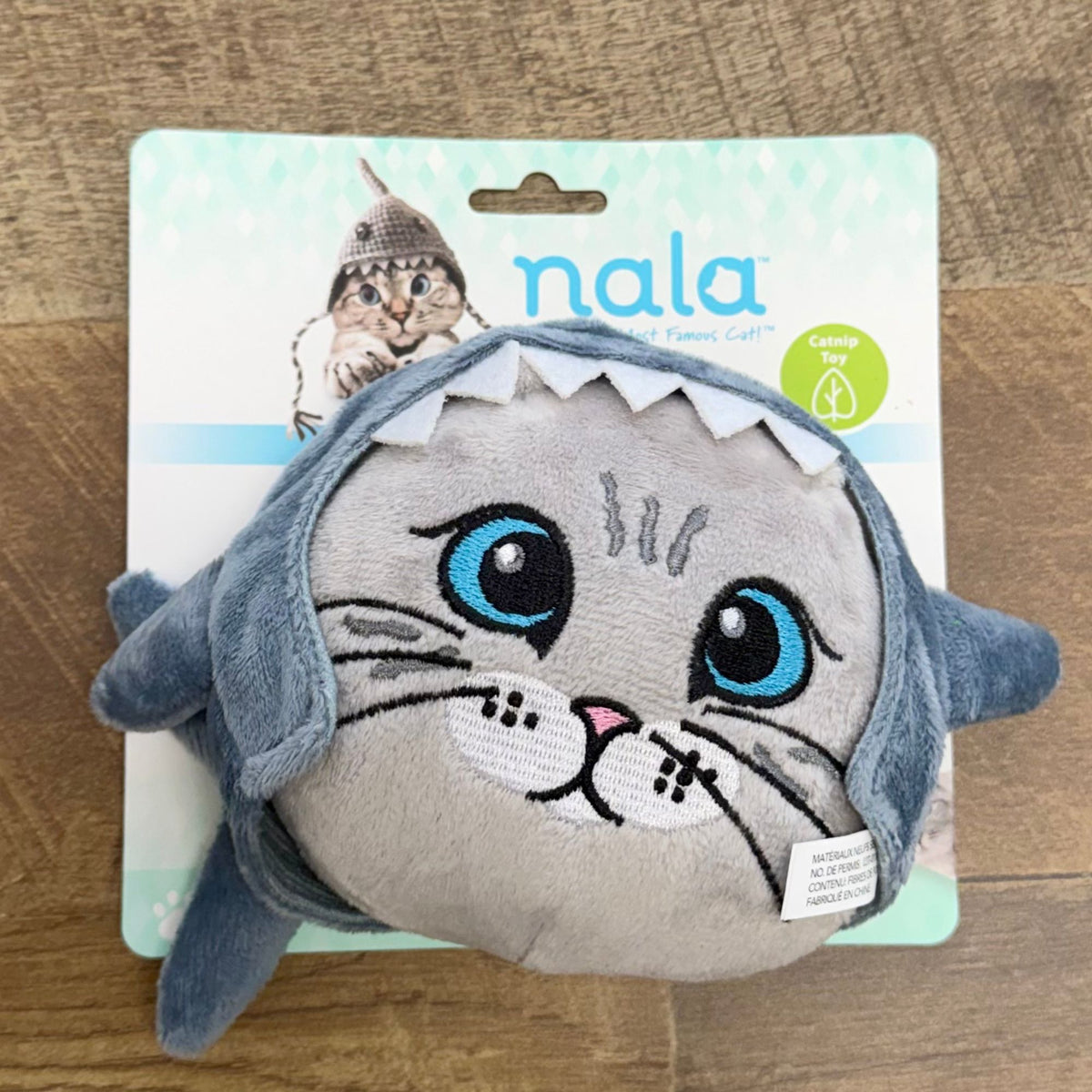 Nala Catnip in Shark Hat plush cat toy on its packaging card