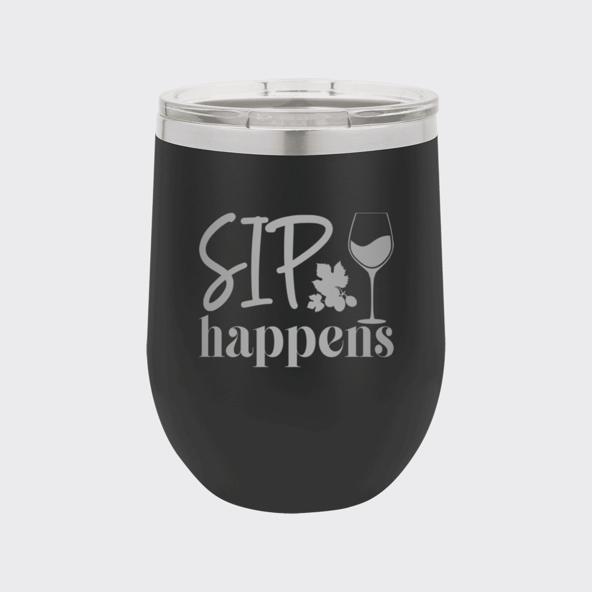 Black 12 oz stemless wine tumbler laser engraved with "Sip Happens"