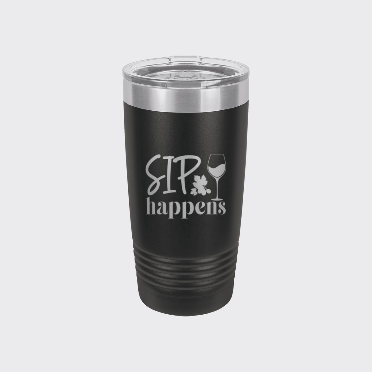 Black 20 oz tumbler laser engraved with "Sip Happens"