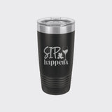 Black 20 oz tumbler laser engraved with "Sip Happens"