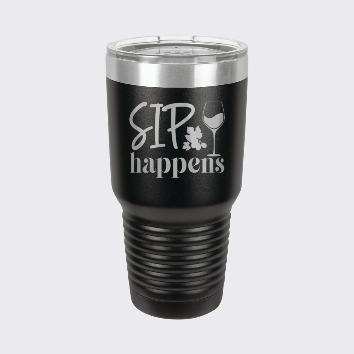 Black 30 oz tumbler laser engraved with "Sip Happens"