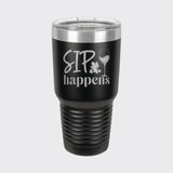 Black 30 oz tumbler laser engraved with "Sip Happens"