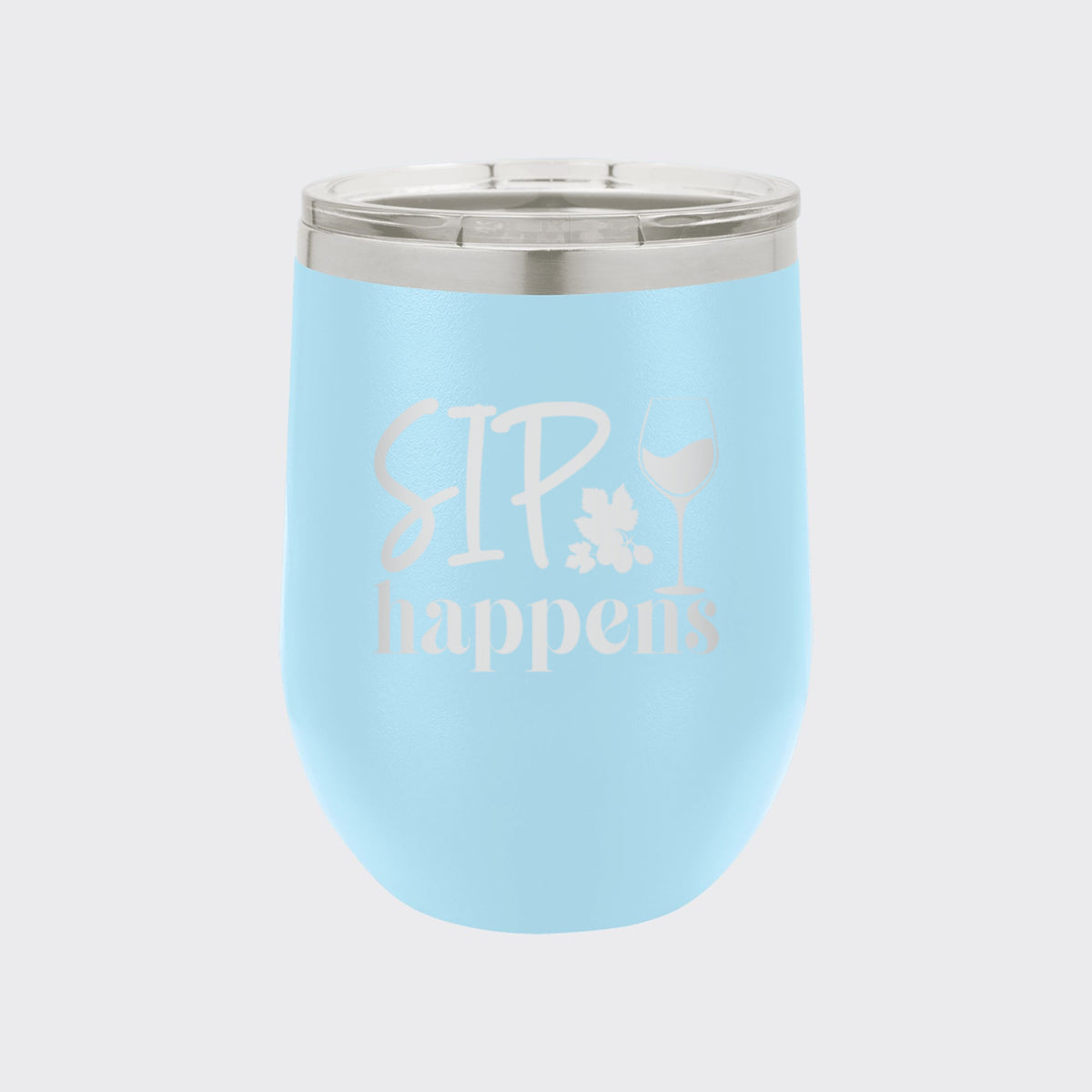Light Blue 12 oz stemless wine tumbler laser engraved with "Sip Happens"