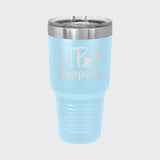 Light Blue 30 oz tumbler laser engraved with "Sip Happens"