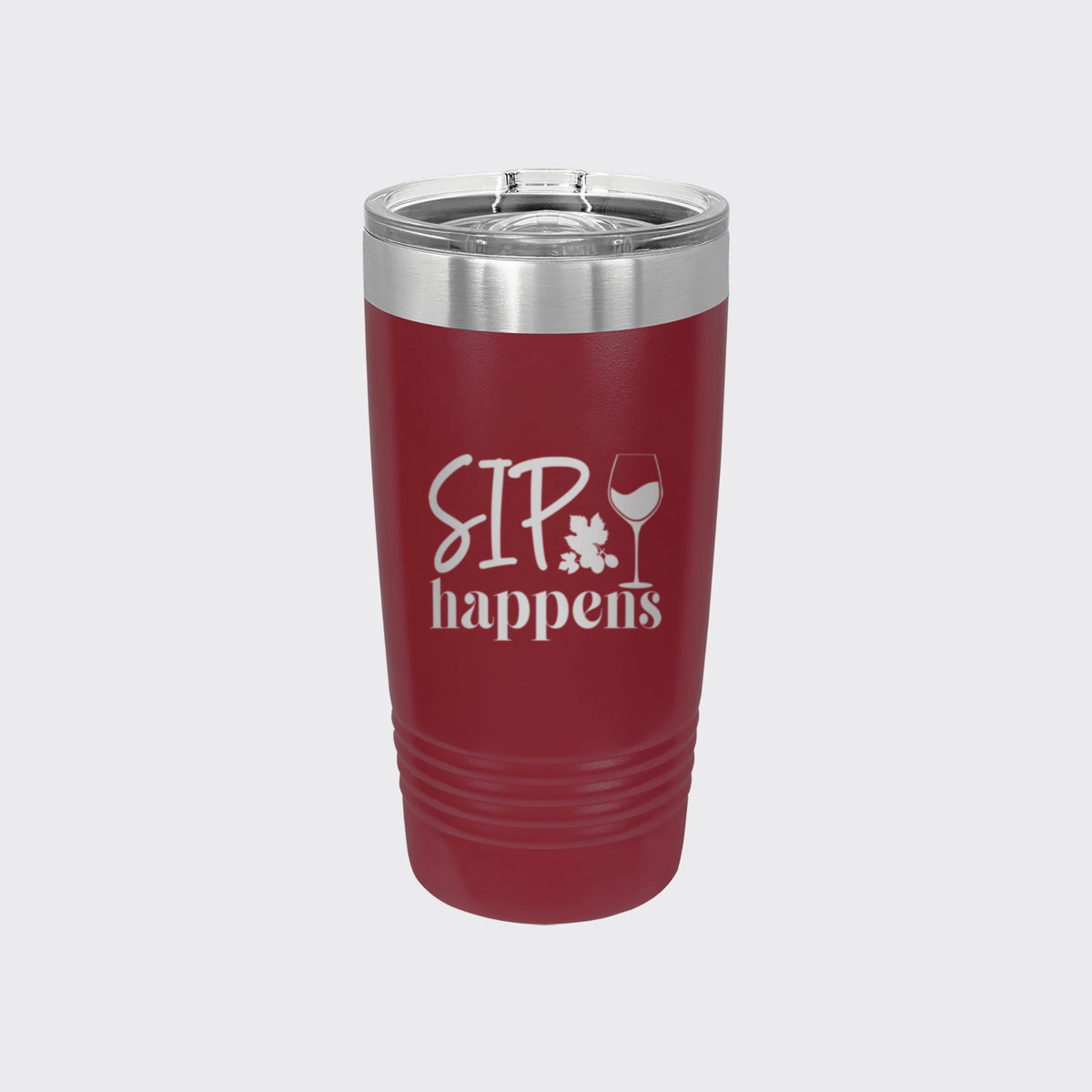 Maroon 20 oz tumbler laser engraved with "Sip Happens"