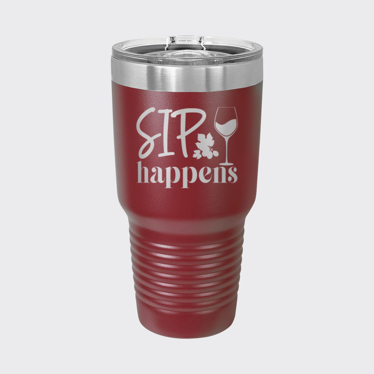 Maroon 30 oz tumbler laser engraved with "Sip Happens"