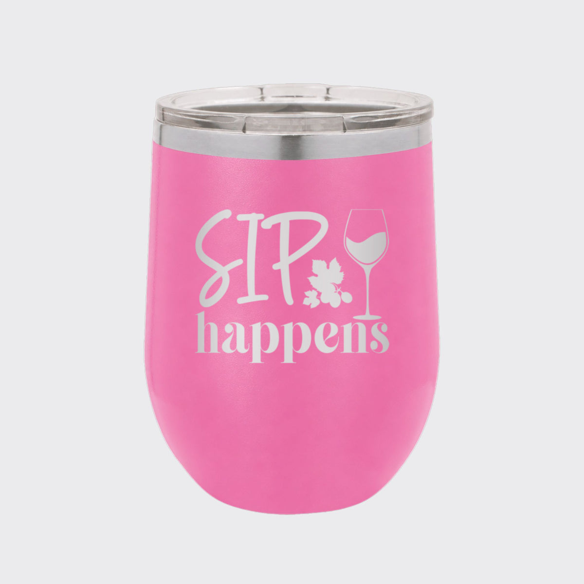 Pink 12 oz stemless wine tumbler laser engraved with "Sip Happens"