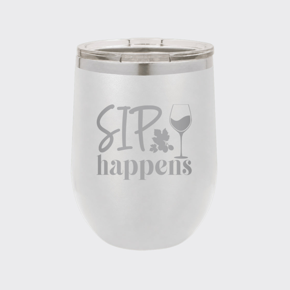 White 12 oz stemless wine tumbler laser engraved with "Sip Happens"