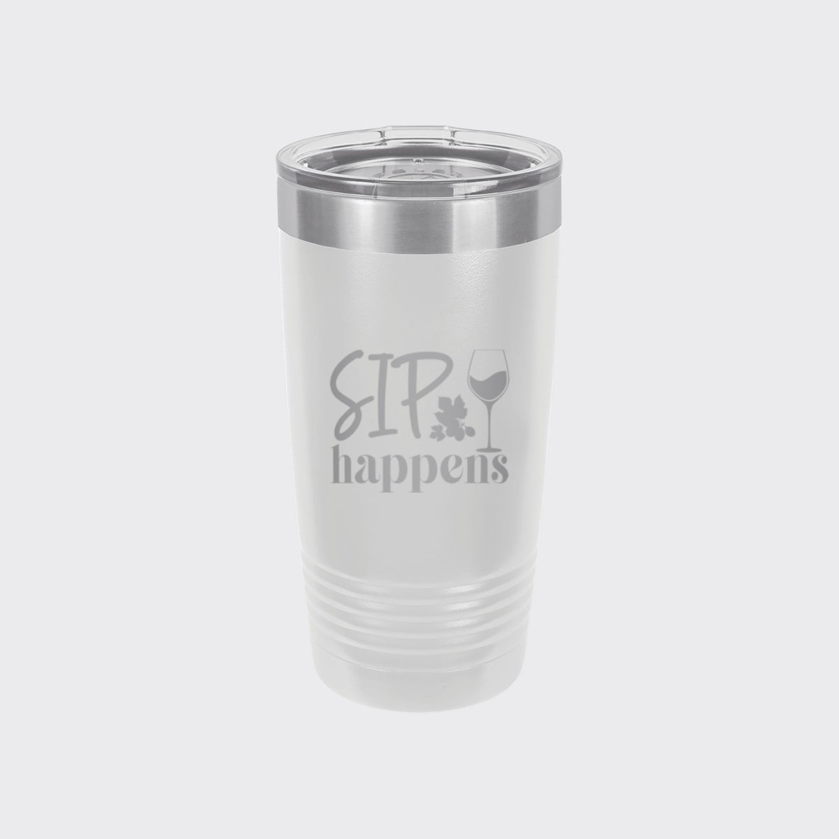 White 20 oz tumbler laser engraved with "Sip Happens"