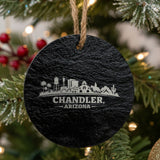Chandler, Arizona skyline engraved on a round slate Christmas ornament