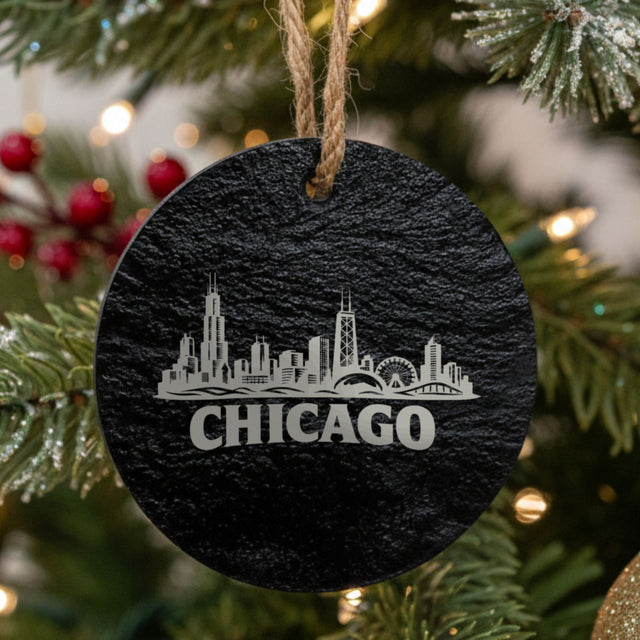 Chicago, Illinois skyline engraved on a round slate Christmas ornament
