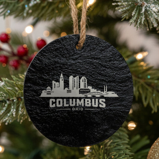 Columbus, Ohio skyline engraved on a round slate Christmas ornament