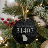 Round slate Christmas ornament laser engraved with a custom zip code design