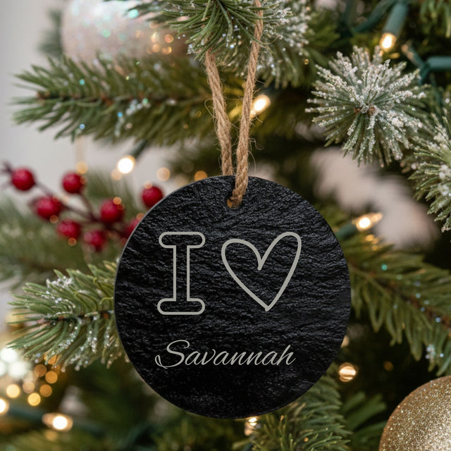 Round slate Christmas ornament laser engraved with a custom zip code design