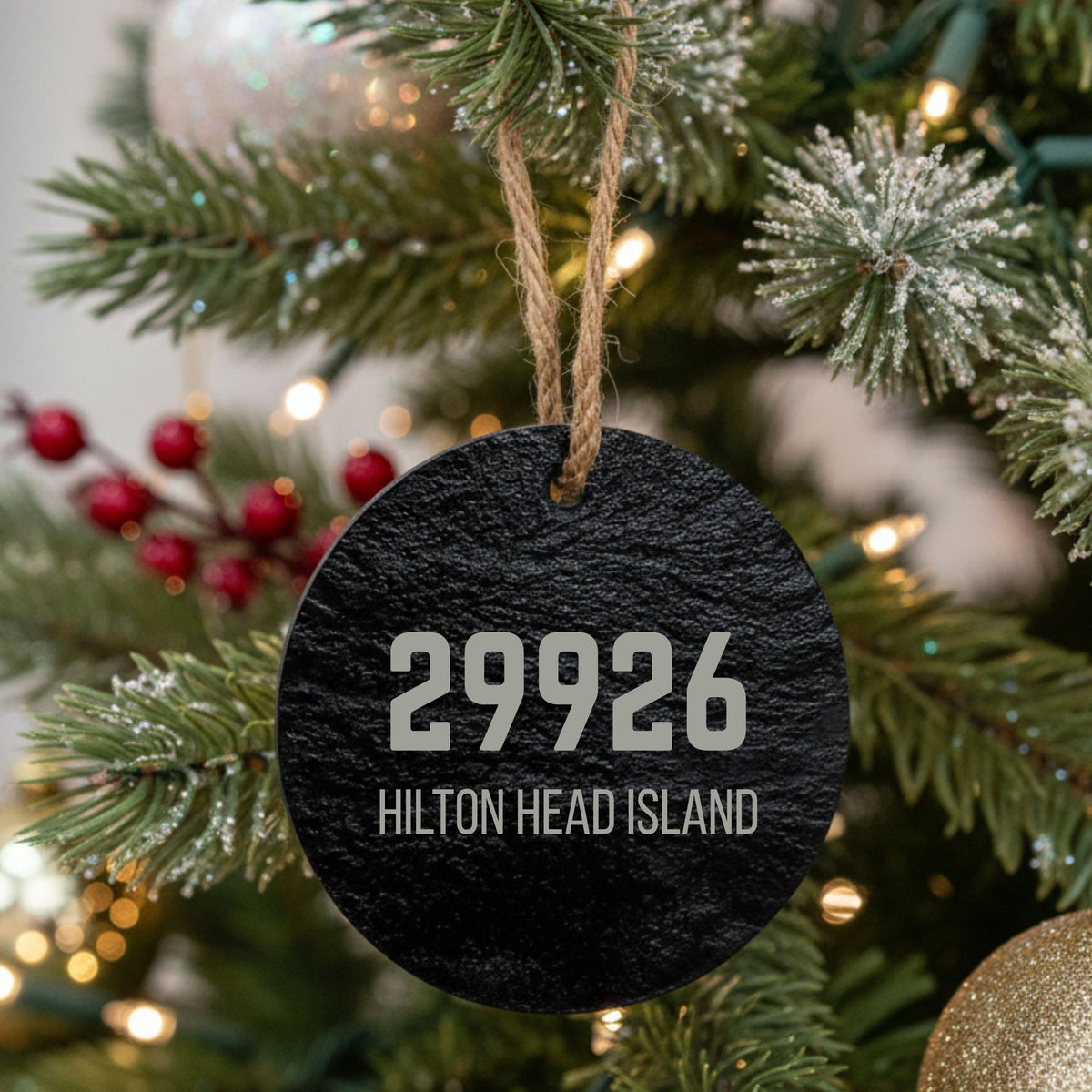 Round slate Christmas ornament laser engraved with a custom zip code design