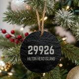 Round slate Christmas ornament laser engraved with a custom zip code design