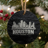 Houston, Texas skyline engraved on a round slate Christmas ornament
