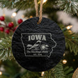 Round slate Christmas ornament laser engraved with an Iowa design of an American goldfinch and a sunflower