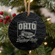 Round slate Christmas ornament laser engraved with an Ohio design of a covered bridge and a cardinal