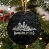 Indianapolis, Indiana skyline engraved on a round slate Christmas ornament