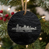 Irving, Texas skyline engraved on a round slate Christmas ornament