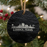 Lubbock, Texas skyline engraved on a round slate Christmas ornament