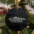 Norfolk, Virginia skyline engraved on a round slate Christmas ornament