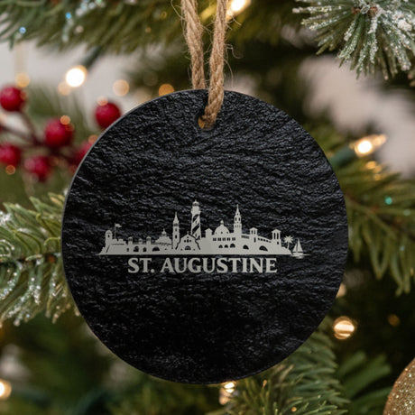 St. Augustine, Florida skyline engraved on a round slate Christmas ornament
