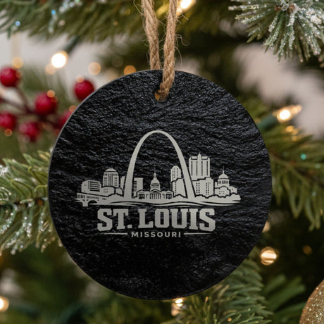 St. Louis, Missouri skyline engraved on a round slate Christmas ornament