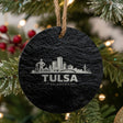 Tulsa, Oklahoma skyline engraved on a round slate Christmas ornament