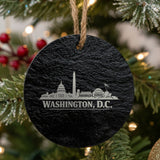 Washington, DC skyline engraved on a round slate Christmas ornament
