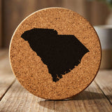 South Carolina round cork coaster with the full state shape engraved