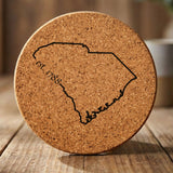 South Carolina round cork coaster engraved with the state outline and est. 1788