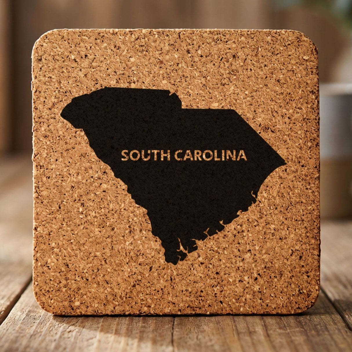 South Carolina square cork coaster engraved with the state shape and SOUTH CAROLINA in bold lettering