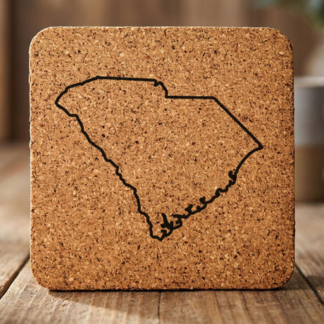 South Carolina square cork coaster engraved with a clean state outline
