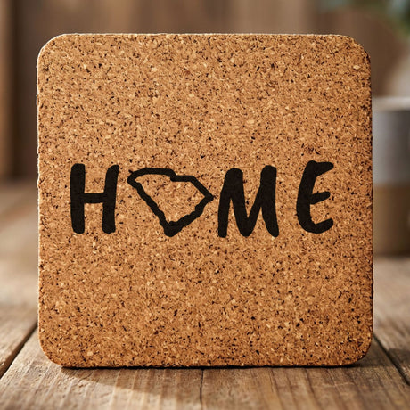South Carolina square cork coaster engraved with HOME using the state outline as the letter O