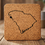 South Carolina square cork coaster engraved with the state outline and home in script with a heart