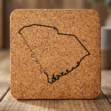 South Carolina square cork coaster engraved with the state outline and South Carolina in script lettering