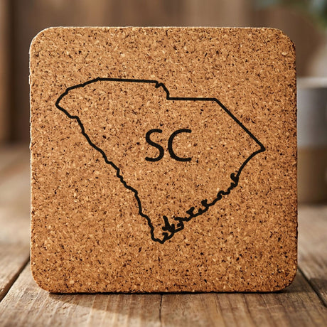 South Carolina square cork coaster engraved with the state outline and SC initials