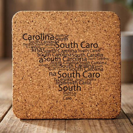 South Carolina square cork coaster engraved with a word cloud of repeating South Carolina text