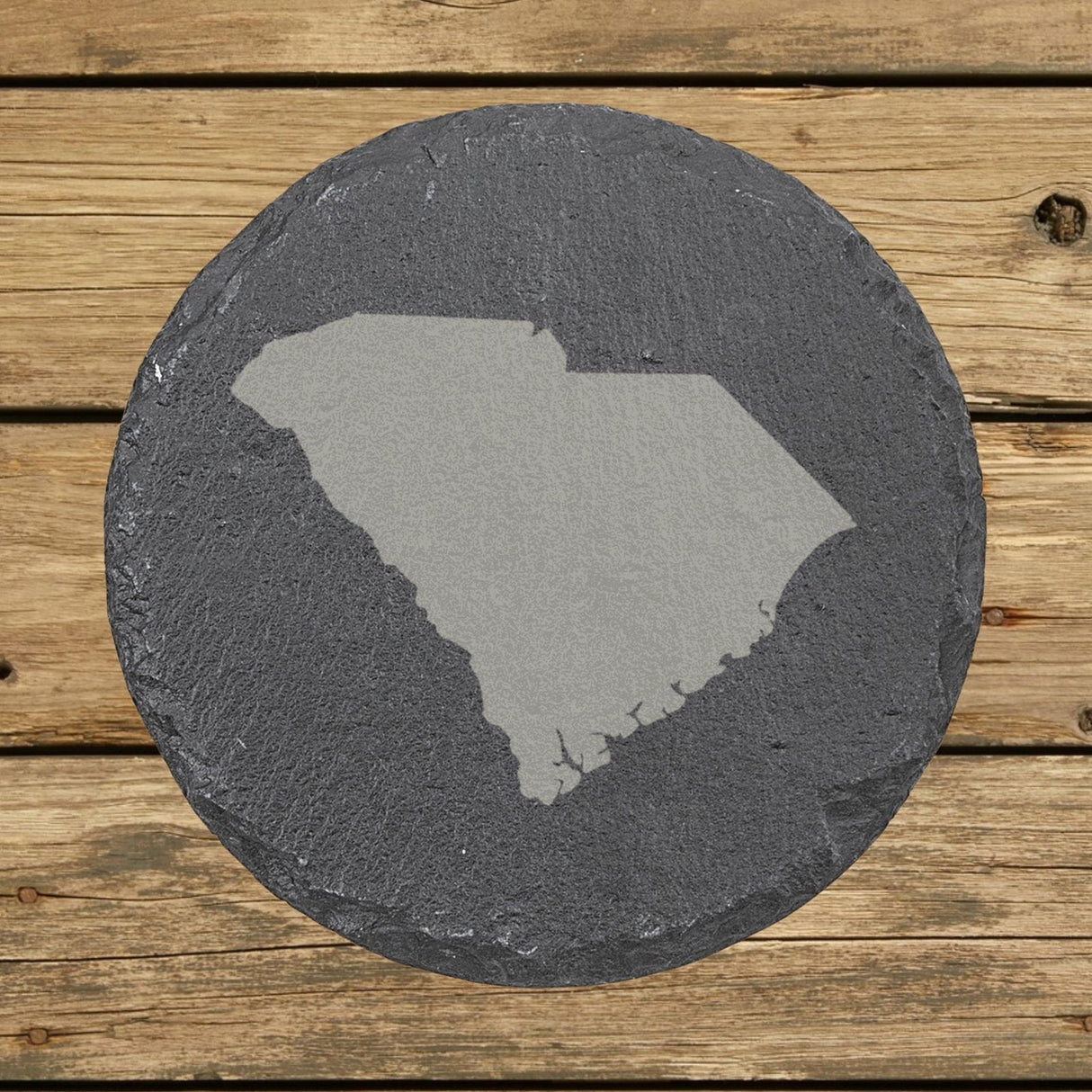 South Carolina round slate coaster with the full state shape engraved