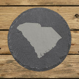 South Carolina round slate coaster with the full state shape engraved