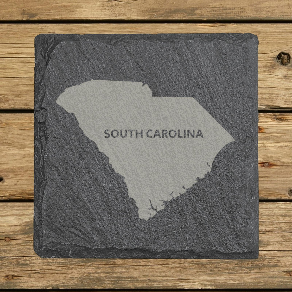 South Carolina square slate coaster engraved with the state shape and SOUTH CAROLINA in bold lettering