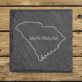 South Carolina square slate coaster engraved with the state outline and SOUTH CAROLINA in hand-drawn brush lettering