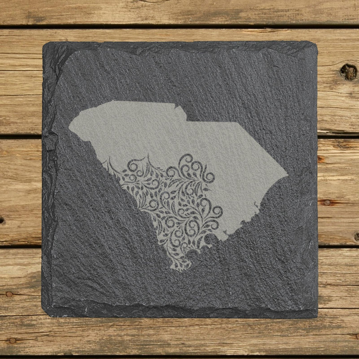 South Carolina square slate coaster engraved with the state shape in ornate floral scrollwork