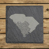 South Carolina square slate coaster engraved with the state shape in ornate floral scrollwork