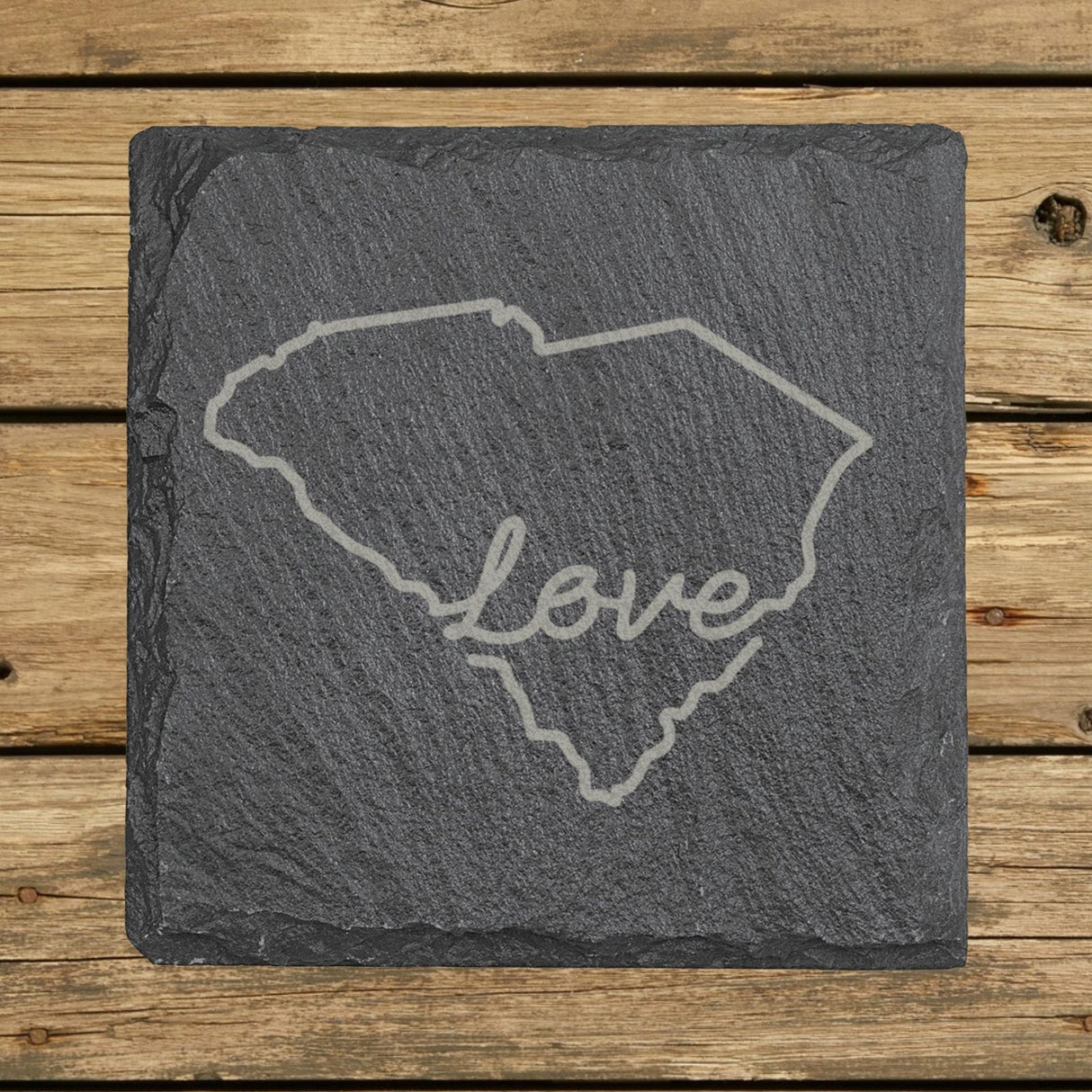 South Carolina square slate coaster engraved with a hand-drawn state outline and love in cursive
